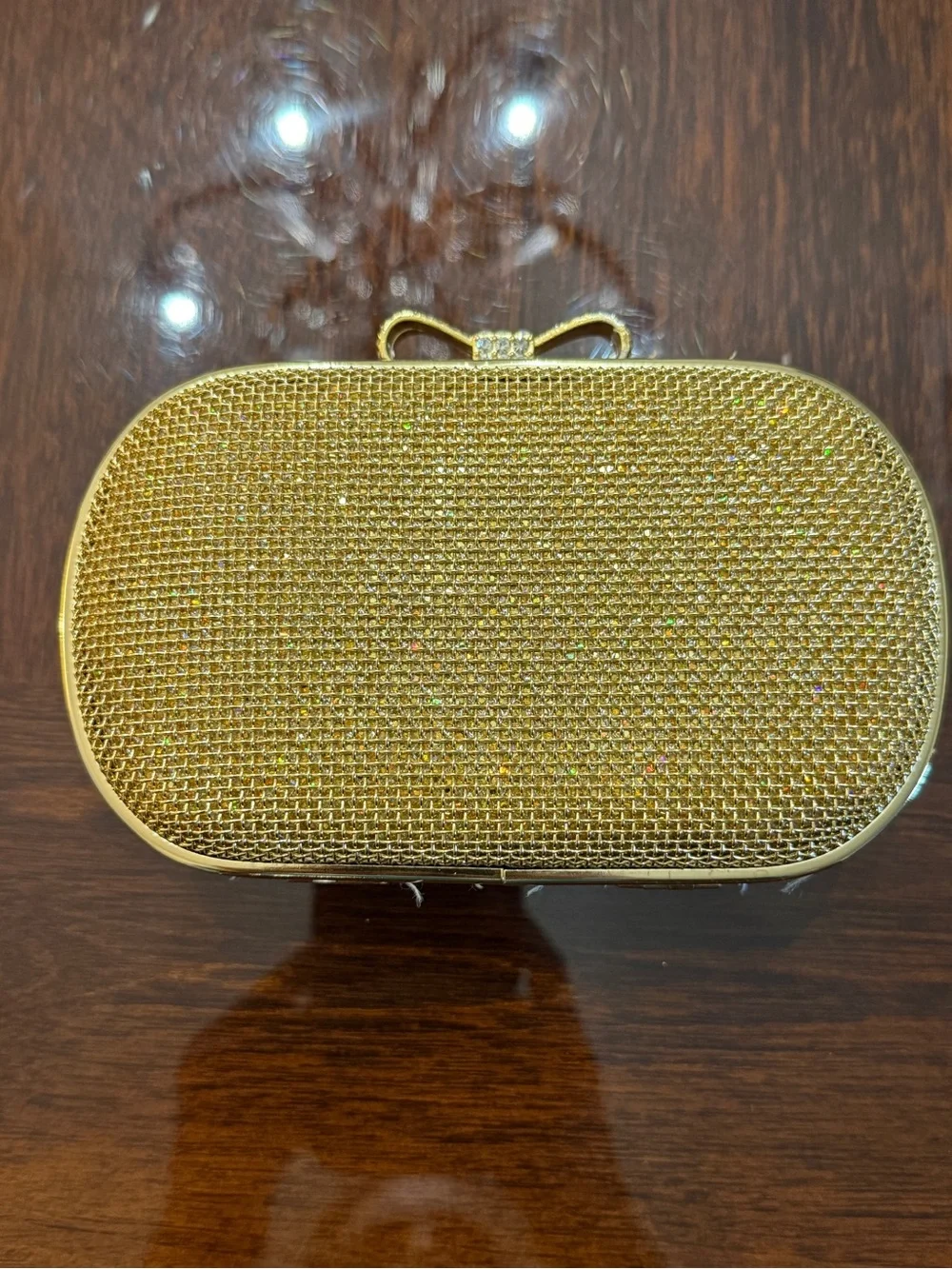Kate Landry Gold Crystal Mesh Bow Clutch